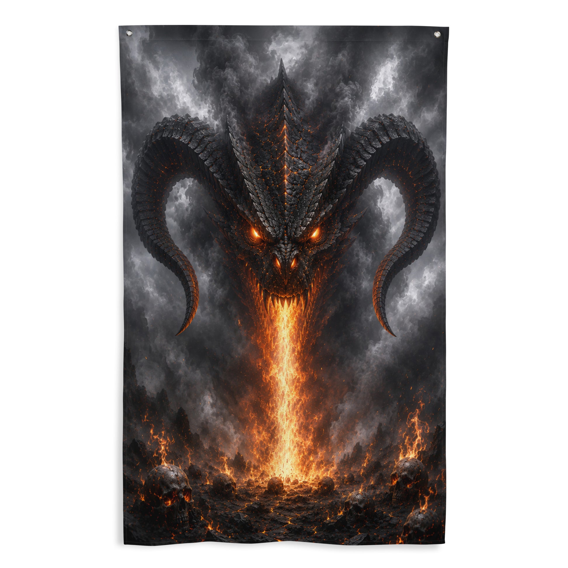 Drapeau mural gaming inspiré de Diablo avec tête démoniaque géante, cornes massives, souffle de feu, crânes et décor infernal apocalyptique