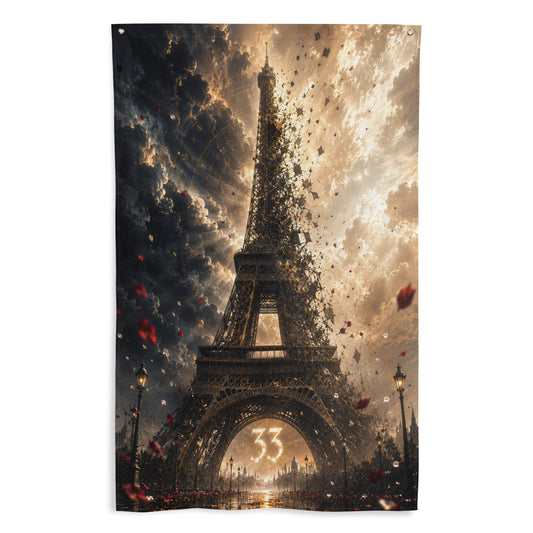 Drapeau mural Clair Obscur Expedition 33 avec la Tour Eiffel en effacement sous une lumière dorée, entourée de fragments et de pétales rouges.