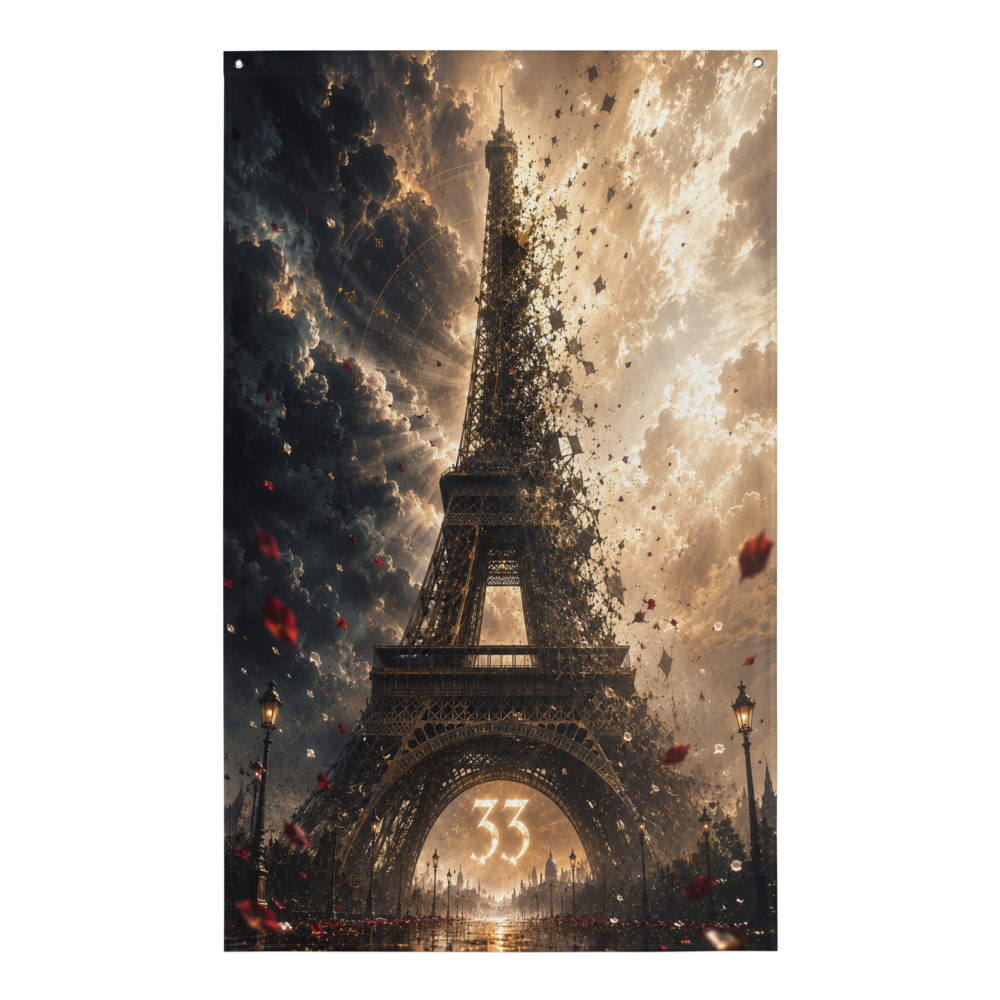 Drapeau mural avec la Tour Eiffel fragmentée, des pétales rouges en suspension et le chiffre 33 au centre du visuel.