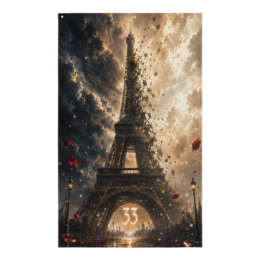 Drapeau mural avec la Tour Eiffel fragmentée, des pétales rouges en suspension et le chiffre 33 au centre du visuel.