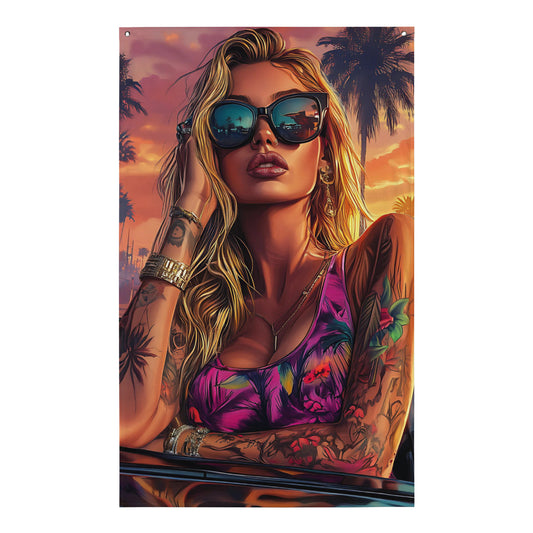 Drapeau mural GTA femme blonde tatouée – visuel net et tendu, style Vice City pour déco gaming